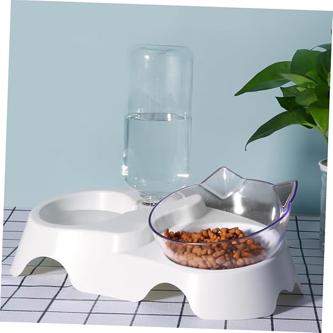 Multi-Function Pet Bowl Set Automatic Water Feeder for Cats and Dogs Dual-Bowl Design with Tilt for Comfortable Eating and Drinking Suitable for Small to Medium Pets White