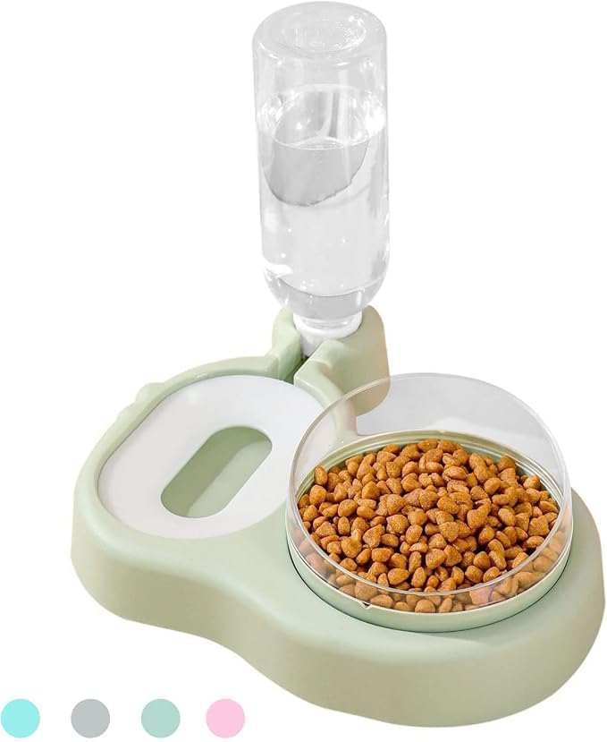 JiangYanus Tilted Cat Bowl Set for Food and Water with Automatic Water Dispenser Bottle Elevated Pet Food and Water Bowl Dishes for Cat and Small Medium Dogs (Green)