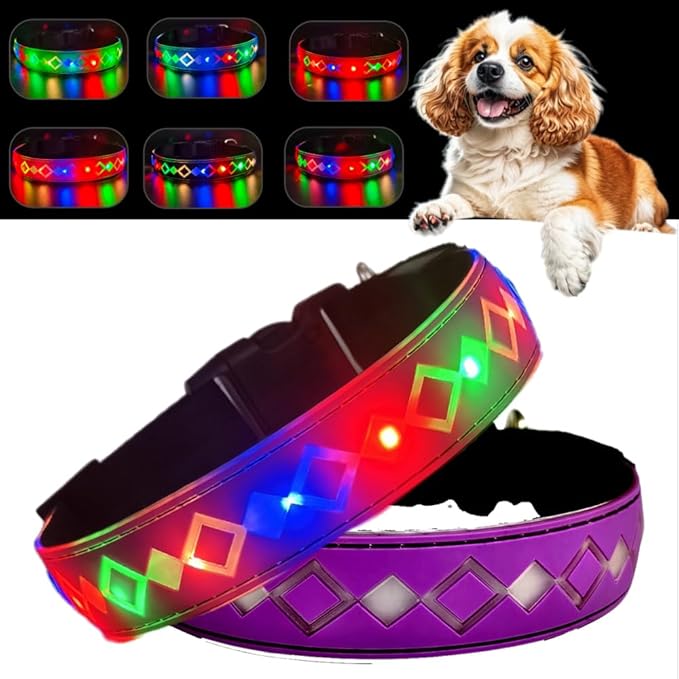LED Dog Collar, 15 Light Modes, USB-C Rechargeable, Adjustable Silicone, Multiple Colors (Purple Pro, M(11.8-15.7"))