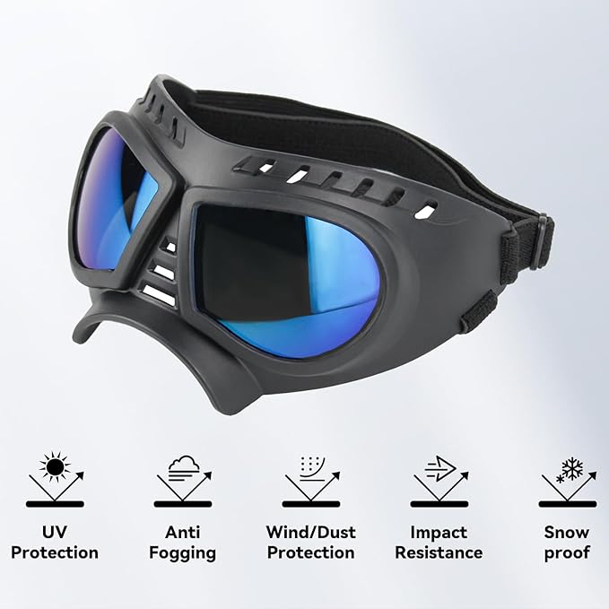 Namsan Dog Goggles Small Breed, Wide Snout & Soft Frame, Tactical Driving Sunglasses for Dogs Small to Medium Breed, Anti-UV Dog Eye Protection, Windproof Dustproof, Adjustable, Blue Lens