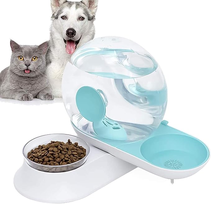 Double Dog Cat Water and Food Bowl Set,Automatic Water Dispenser Feeder Bowls,2.8 L Detachable No-Spill Snail-Shaped Self-Dispensing Gravity Waterer Fountain for Cat Dog Puppy Kitten