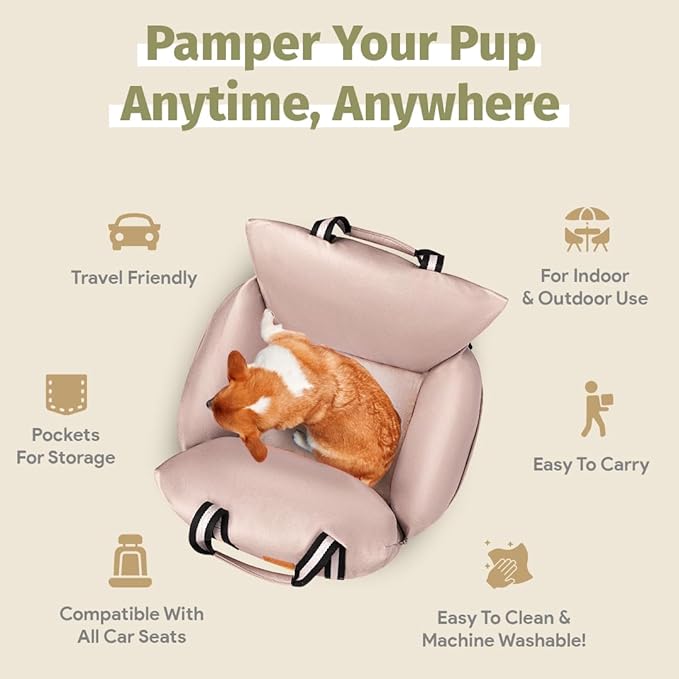 Pet Carrier & Booster Seat for Small & Medium Dogs Up to 30 Lbs | Waterproof, Easy to Carry Dog Car Bed with Handles & Storage, Pink