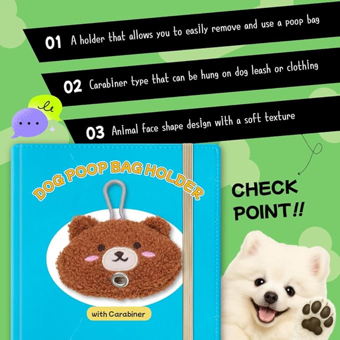 Dog Poop Bag Holder with Carabiner | Soft Plush Animal Dispenser | Cute Pet Waste Bag Pouch for Leash or Backpack | Dog Walking Accessory | Easy Pull Roll Storage