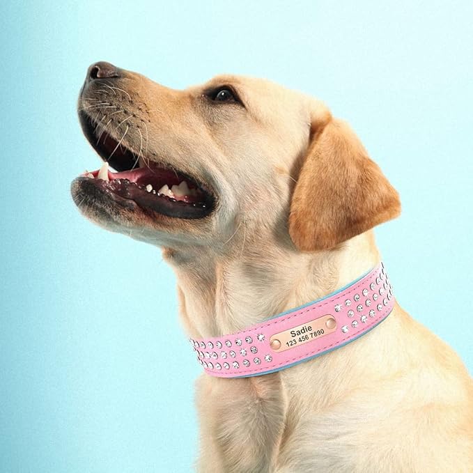 Personalized Crystal Leather Dog Collar Custom Rhinestone Dog Collars with Buckle Free Engraved ID Collar for Medium Large Dogs Pink XL