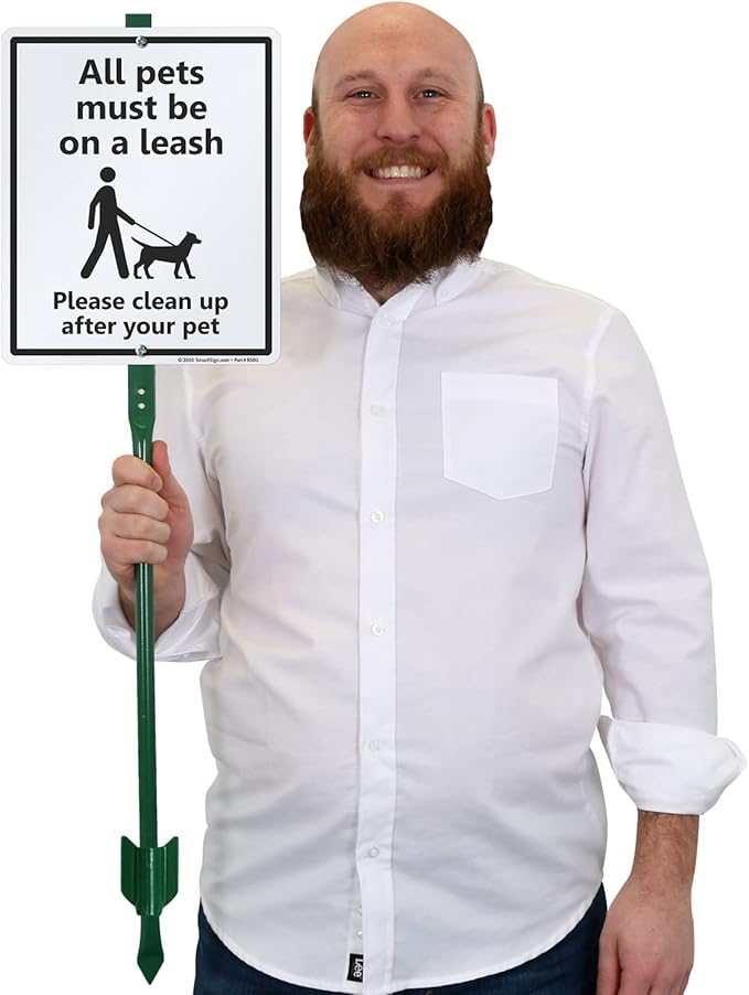 SmartSign 12 x 10 inch “All Pets Must Be On A Leash - Please Clean Up After Your Pet” Yard Sign with 3 foot Stake, 40 mil Laminated Rustproof Aluminum, Black and White, Set of 1