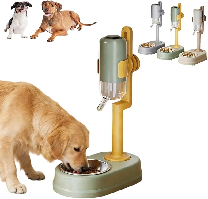 Pet Standing Water Dispenser Feeder Bowl, Dog Automatic Food Dispenser with Water Bottle Combined Bowl, Double Layer Pet Drinking Water Feeder for Both Cats and Dogs (Green)