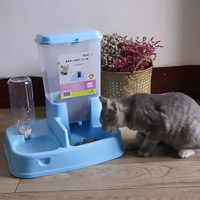 feeders Creative Automatic Pet Feeder Cat and Dog Automatic Feeding Device Drinking Water Feeding Dualuse Automatic Drinking Fountain (Color: Blue)