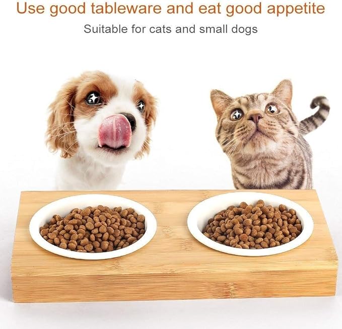 Automatic Feeder Pet Dog Bowl Bamboo Pet Ceramic Drinking and Feeding Bowl Combination with Bamboo Pet Cat Dog Feeder Bamboo Stand Portable