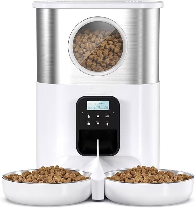 Pet Feeder 5l Stainless Steel Feeder O Window Double Outlet Automatic Feeder Pet Dry Food Dispenser Suitable Compatible with Cats and Dogs Pets Supplies(White)