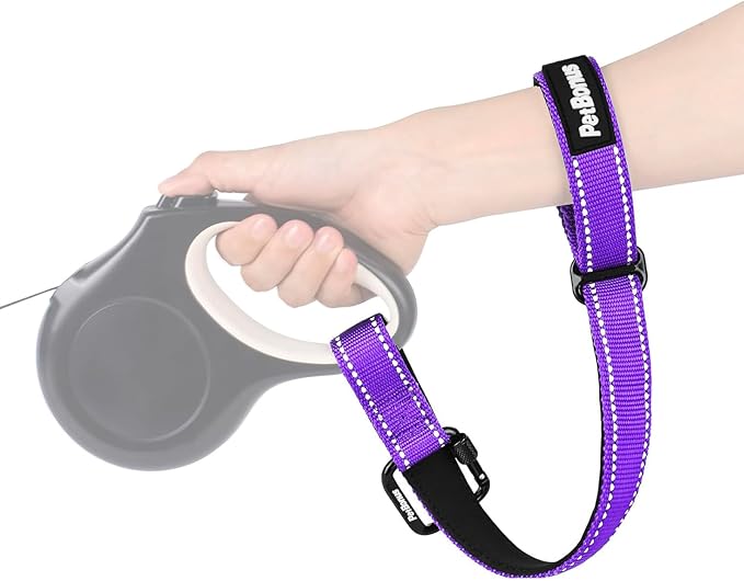 PetBonus Dog Leash Wrist Strap, Safety Strap for Retractable Leash, Lockable Reflective Short Dog Walking Lead with Adjustable Soft Padded Handle, Extra Layer Security for Pet Stroller (Purple)