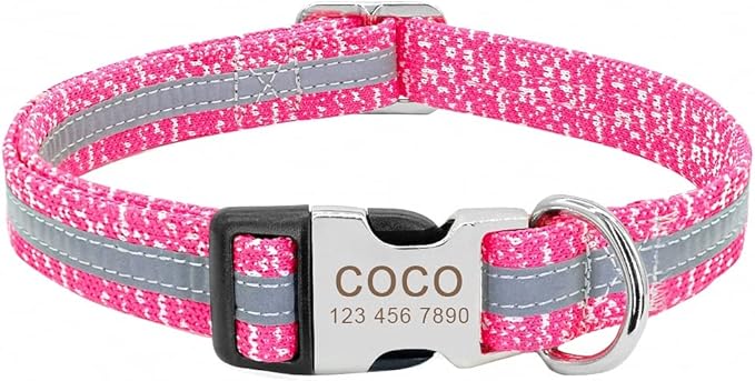 Personalized Pet Dog Collar Reflective Custom Puppy Collars Pitbull Large Dog Collar for Small Pets Chihuahua German Shepherd Pink L