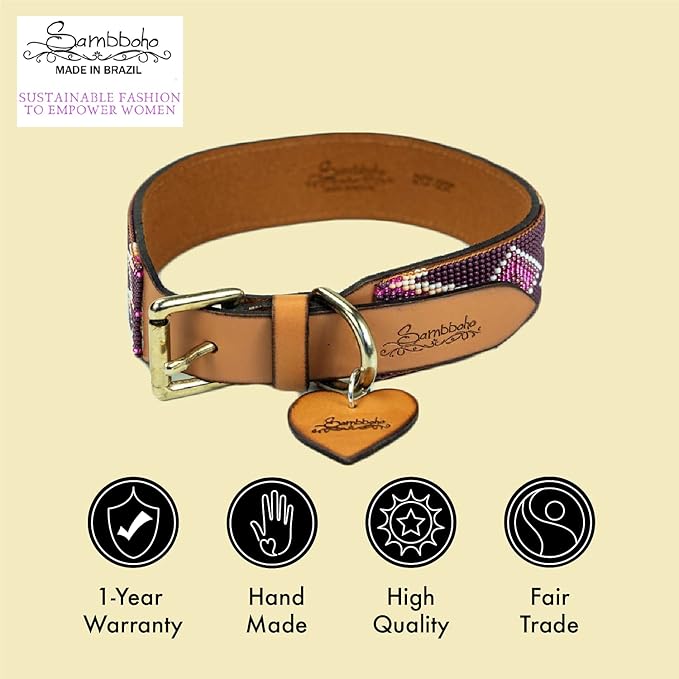 Sambboho - Charlotte Dog Collar - All Natural Soft Leather Dog Collar w/Durable Hand Stitched Bead Embroidery (8-10 in.)