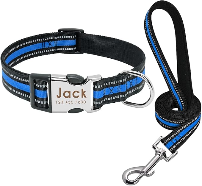 Custom Pet Dog Collar Leash Reflective Nylon Small Dog Puppy Collars Personalized Pitbull Medium Large Dog Collar Engrave Name Blue Set M