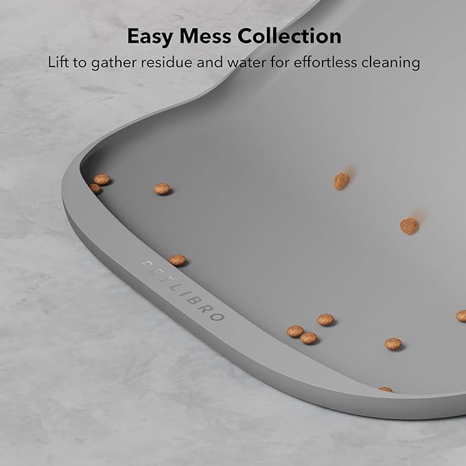PETLIBRO Dog Food Mat, Waterproof Dog Bowl Mat, Safety Silicone Cat Food Mat for Feeder & Fountain, Raised Edge Spill Protection Floor, Cove Feeding Mat for AF005, AF103 Single Tray, 17.7"x12", Grey