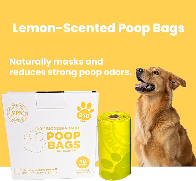 FPN Dog Poop Bags – 16 Rolls - 240 Bags, 13″ x 9″, Fits Most Dispensers –Biodegradable, Leak-Resistant & Earth-Friendly Pet Waste Bags (Lemon)