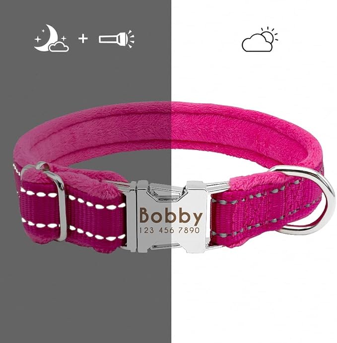 Dog Collar Personalized Reflective Large Dog Collars Nylon Adjustable Costomized Collar for Small Medium Big Dogs Pet Pitbull Rose Red L