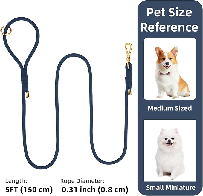 Durable Handwoven Dog Leash for Small & Medium Dogs, 5/16 inch Rope Lead with Anti-Tangle Swivel Clip, Soft & Lightweight, 5FT Long – Ideal for Daily Walking & Training (Prussian Blue)