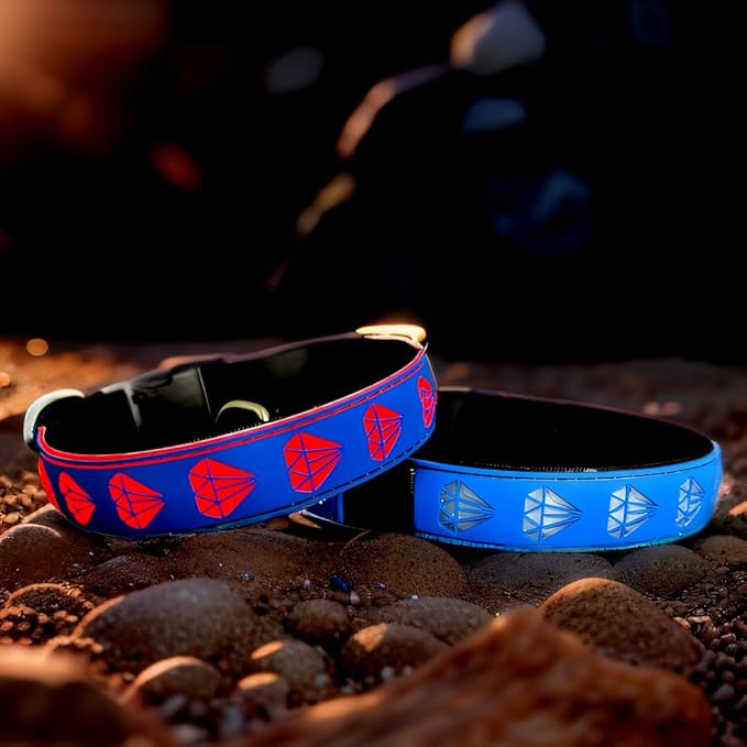 LED Dog Collar with Diamond Pattern, 15 Light Modes, with Bonus Pet ID Tag and Bell (BLUE, S(7.87-11.8"))
