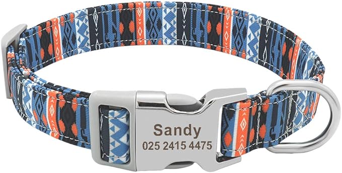 Custom Dog Collar Nylon Floral Engraved Pet Puppy Collar Print Personalized Name Collars for Small Medium Large Dogs Pitbull Blue 1 L