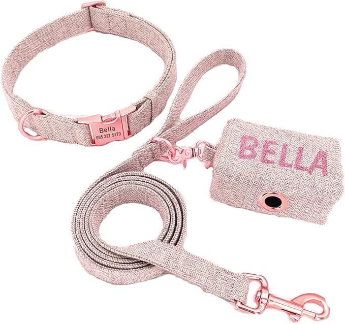 Personalized Dog Collar with Leash Custom Dog Waste Bag Dispenser Engraved Pet Collar Walk Lead Outdoor Pet Poop Bag Portable Brown M
