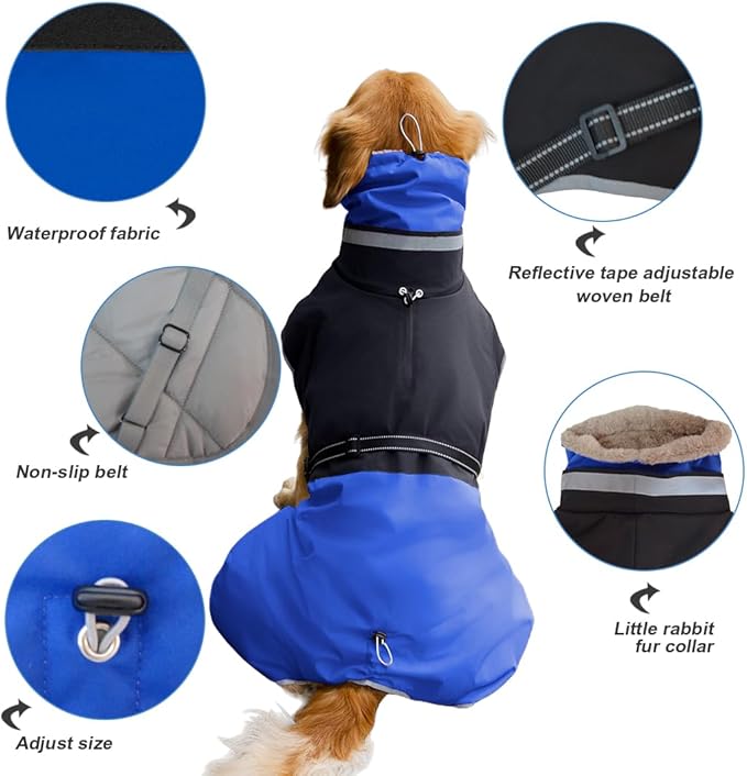 Waterproof Dog Winter Coat, Reflective Turtleneck Fleece Jacket with Snow Protection for Large Dogs, Cold Weather Pet Clothing (Blue, 5XL)