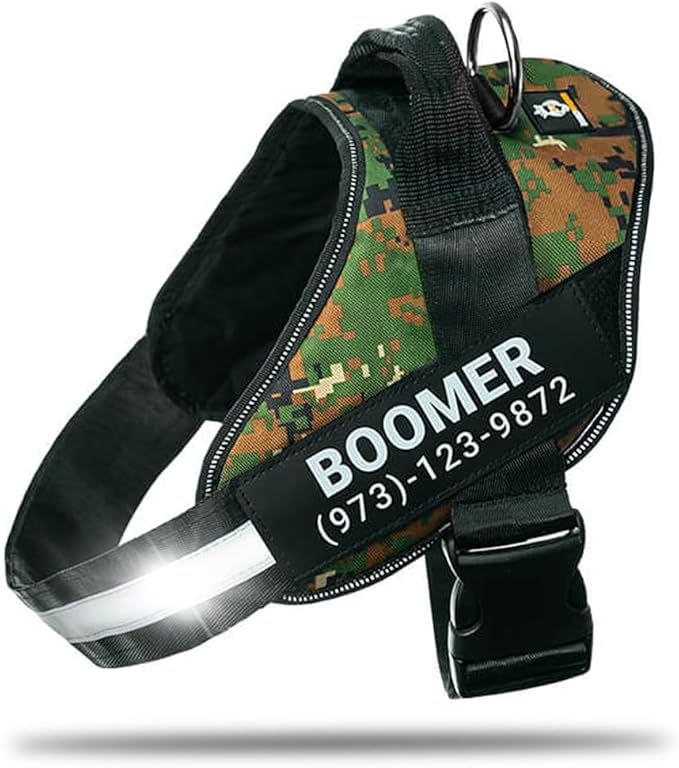 Personalized No-Pull Dog Harness with Name Patch, Adjustable, Reflective, Padded, Heavy Duty Pet Vest to Prevent Tugging, Pulling, or Choking, Training and Walking, Military Green, M