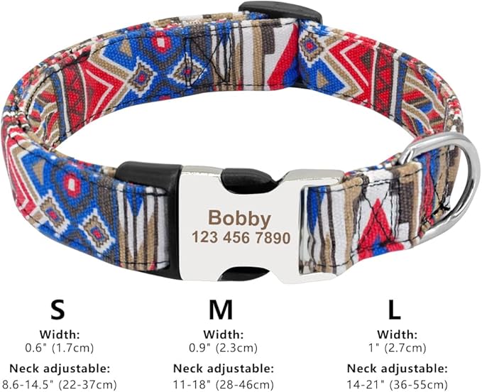 Personalized Dog Collar Nylon Print Dog Collars Customized Puppy Pet Collar Engraved Name ID for Small Medium Large Big Dogs Pug 019 Dark Blue M