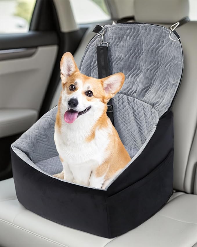 Dog Car Seat for Small Dogs, Dog Booster Seat with Extendable Backrest, Pet Car Seats up to 30 lbs, Washable Removable Cover Travel Bed with Storage Pockets and 2 Safety Leashes, Black&Grey
