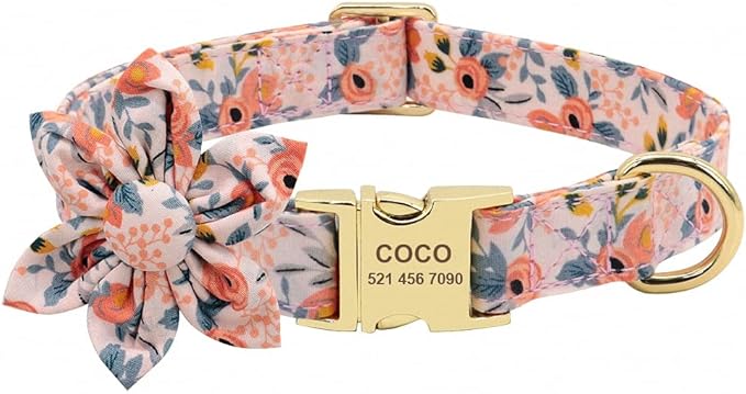 Custom Flower Dog Collar Nylon Floral Printed Pet Dog Collars Personalized Puppy Collar for Small Medium Large Dogs Cat Pitbull 145 Orange M