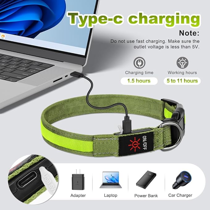 LED Dog Collar, Light Up Dog Collar Adjustable USB Rechargeable High Visibility Dog Light Glowing Pet Collars for Small Medium Large Dogs (Green, M)