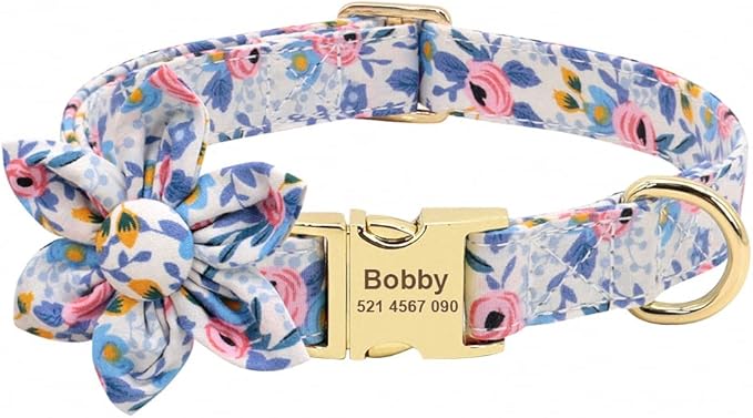 Flower Custom Dog Collar Printed Pet Nylon Dogs Collar Personalized Chihuahua Puppy Collars for Small Medium Large Dog Blue S