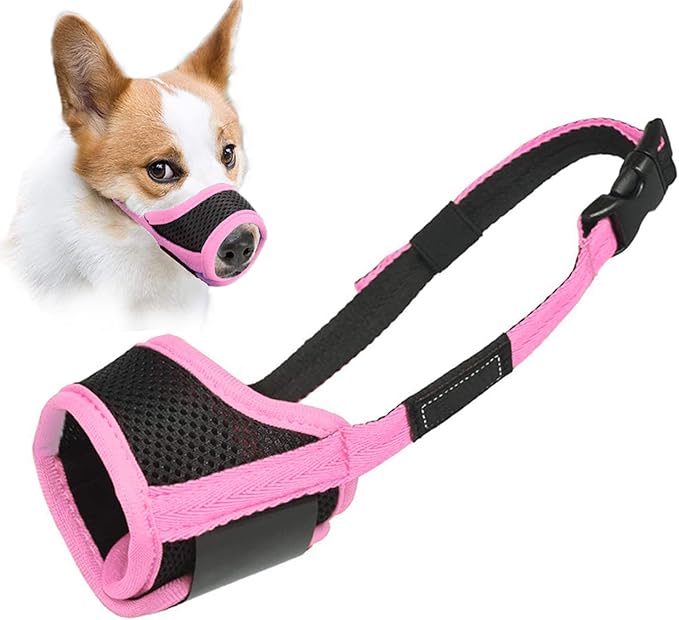 LUCKYPAW Dog Muzzle Anti Biting Barking and Chewing with Comfortable Mesh Soft Fabric and Adjustable Strap, Suitable for Small, Medium and Large Dogs(Pink Trim,XS)