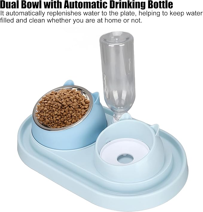 Double Dog Cat Bowls, Raised Pets Food and Water Bowl Set with Automatic Water Dispenser Bottle, Detachable Stainless Steel Bowl Pet Feeder for Small Medium Dogs and Cats Puppy