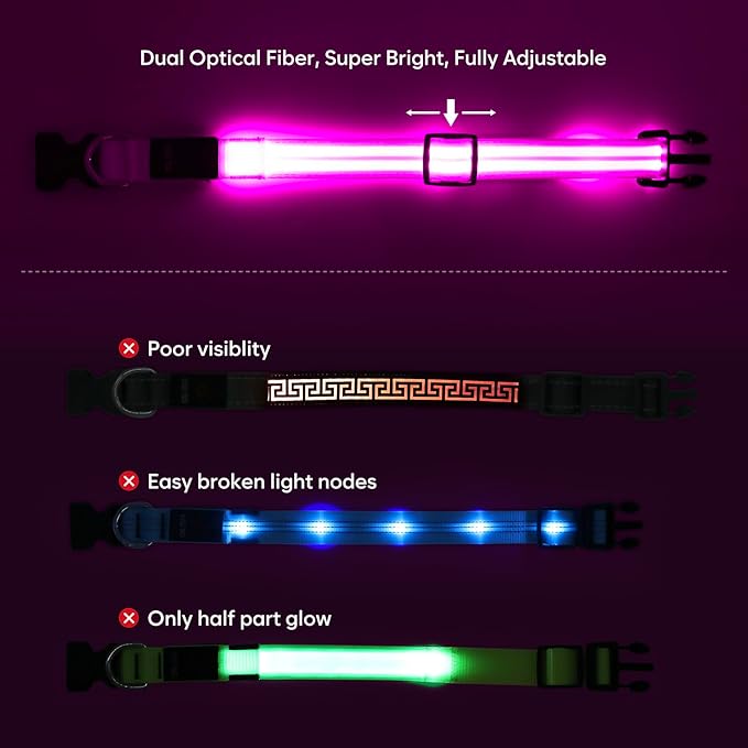 BSEEN Light Up Dog Collar - Rechargeable LED Dog Collar Glow in The Dark Dog Camping Essenstials Reflective Dog Collar Lights for Night Walking (Pink, Medium)