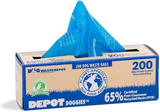 Dog Waste Depot® Depot Doggies™ - Blue - Baby Powder Scented - 65% (PCR) Post Consumer Recycled Dog Waste Roll Bags - 50% thicker than competitor, fits the House dispenser (10 Rolls = 2000 bags)