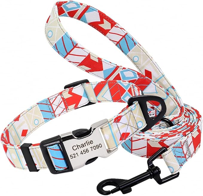 Cute Custom Dog Collar Leash Personalized Fruit Print Nylon Dog Collar Lead Engraved Name ID for Small Medium Large Dog Pitbull 160 White Set M