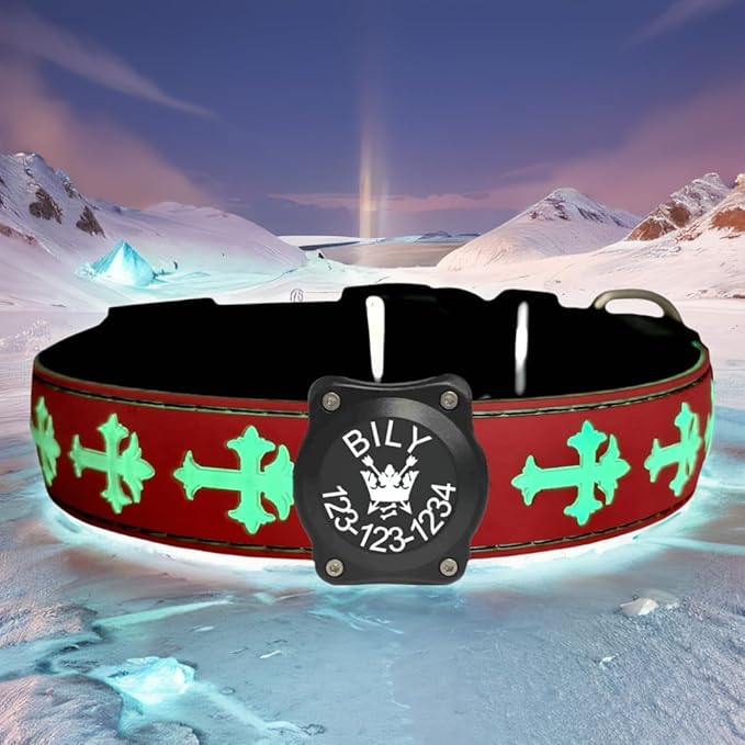 Subversive USB-C led Light up Dog Collar,3D Cross Design Comfortable and Soft Material,Multicolored Lighting (RED with airtag Holder, XL(19.7-23.6"))