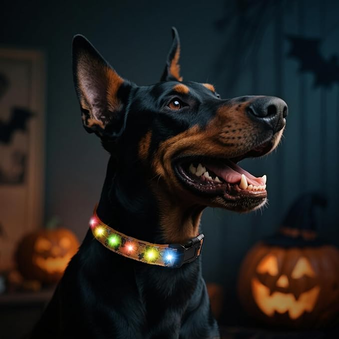 Halloween Light Up Dog Collar, LED Dog Collar Glow in The Dark - USBC Rechargeable, 3 Flashing Modes, Fashionable Cute Glowing Dog Light Up Collars for Medium Large Dogs, L