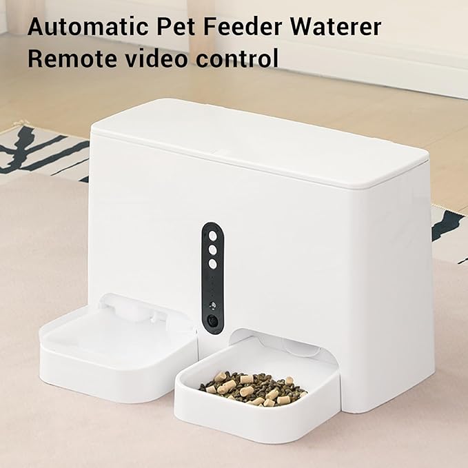Automatic Cat Feeder, 2 in 1 Smart Food Feeder and Water Dispenser, Pet Feeder and Waterer for Timed Feeding, Real Time Monitoring for Dogs Cats Animals, Large Capacity