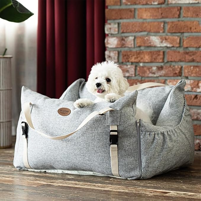 Dog Car Seat for Small Medium Large Dogs, Sofa Fabric&Eco-Friendly Microfiber Velboa, Detachable and Washable Travel Dog Booster with Thick Cushion (Cookie and Cream, L)