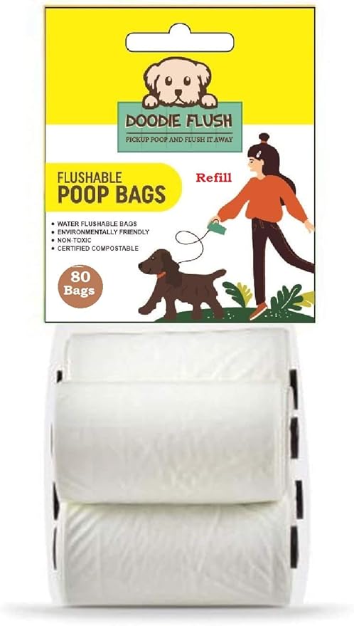 Doodie Flush Dog Poop Bag - Refill – 80 Biodegradable Dog Waste Bags on Rolls - Dissolves in Water Refill Pack – 100% Eco Friendly, Flushable, Ultra Thick, Compostable Doggie Bags