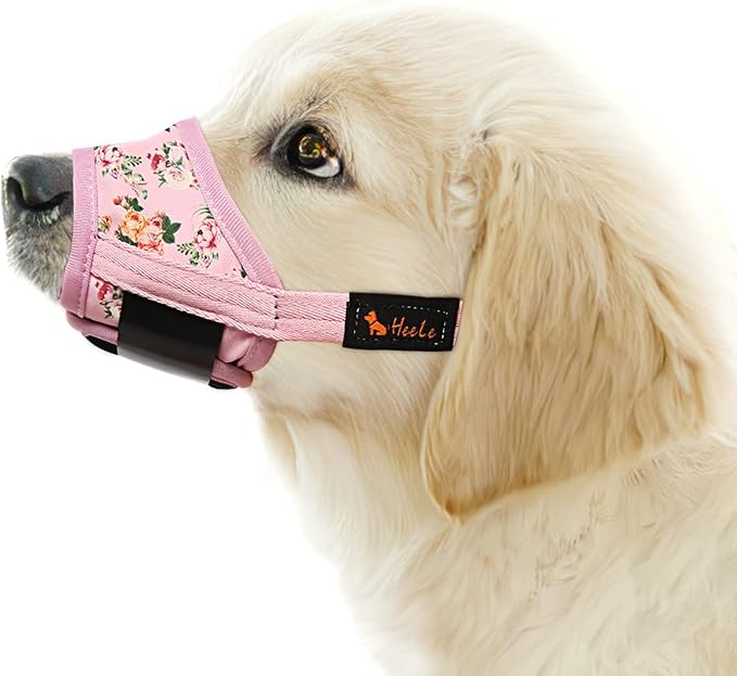 HEELE Dog Muzzle,Soft Nylon Muzzle Anti Biting Barking Chewing,Air Mesh Breathable Drinkable Adjustable Loop Pets Muzzle for Small Medium Large Dogs 4 Colors 4 Sizes (P-Pink Flower, L)