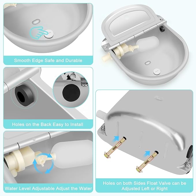 Automatic Animal Drinking Water Bowl,304 Stainless Steel Animal Waterer Kit with Float Valve,for Livestock,Horse,Dog,Goat,Pig,Chicken,2.5L 85 OZ Animals Drinking Water Trough