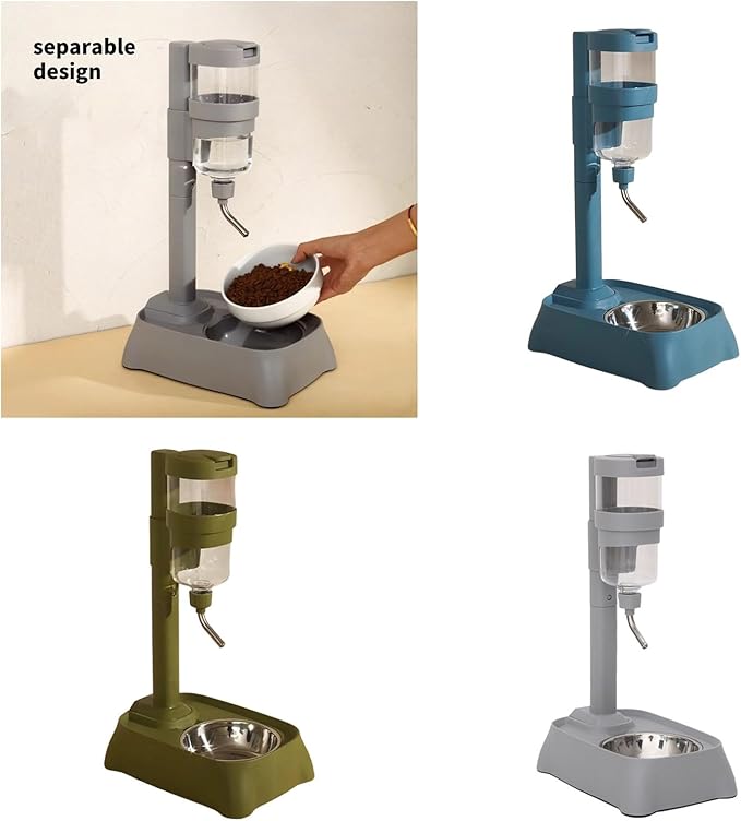 Gray Automatic Pet Drinking Fountain and Feeder Bowl with Height Adjustable for Dogs and Cats Adjustable Pet Bowl