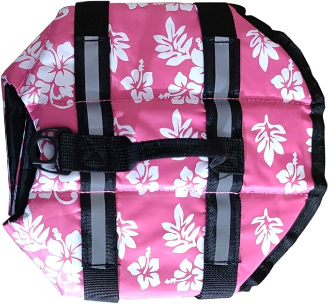 Dog Life Jacket Easy-Fit Adjustable Belt Pet Saver Swimming Safety Swimsuit Preserver with Reflective Stripes for Doggie (XS, Flowers and Pink)