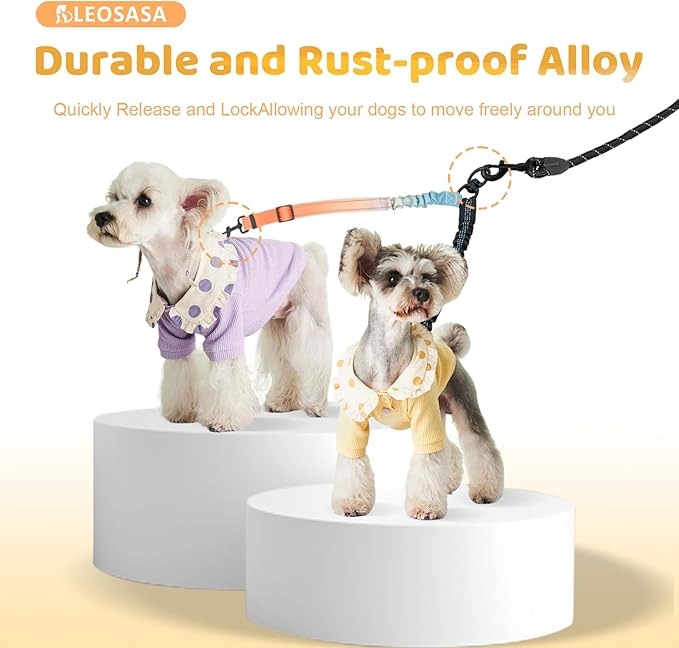 Double Dog Leash for Two Dogs - Gradient Color No Tangle Swivel Dog Coupler with Heavy Duty Clip, Size Adjustable Bungee Leash Attachment for Small, Medium, Large 2 Dogs, Style 2