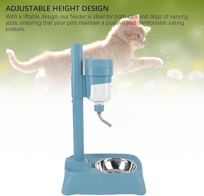 500ml Pet Standing Water Dispenser, Height Adjustable Plastic Cat Dog Water Feeder Bottle with Stainless Steel Bowl, Pet Automatic Water Dispenser for Pets (Lake Blue)