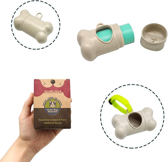 Dog Poop Pickup Bags Holder Dispenser with Standard-Sized Leak-Proof Scented Doggy Waste Bags and Carabiner with Safety Lock&Fastener Never Loose on Leash Lead Again (2 Holders 30 Bags, Beige)
