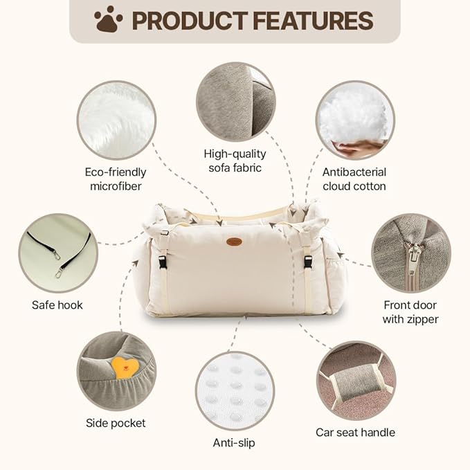 Dog Car Seat for Small Medium Large Dogs, Sofa Fabric&Eco-Friendly Microfiber Velboa, Detachable and Washable Travel Dog Booster with Thick Cushion (Cafe Mocha, L)
