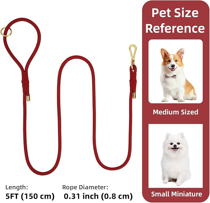 Durable Handwoven Dog Leash for Small & Medium Dogs, 5/16 inch Rope Lead with Anti-Tangle Swivel Clip, Soft & Lightweight, 5FT Long – Ideal for Daily Walking & Training (Burgundy Red)